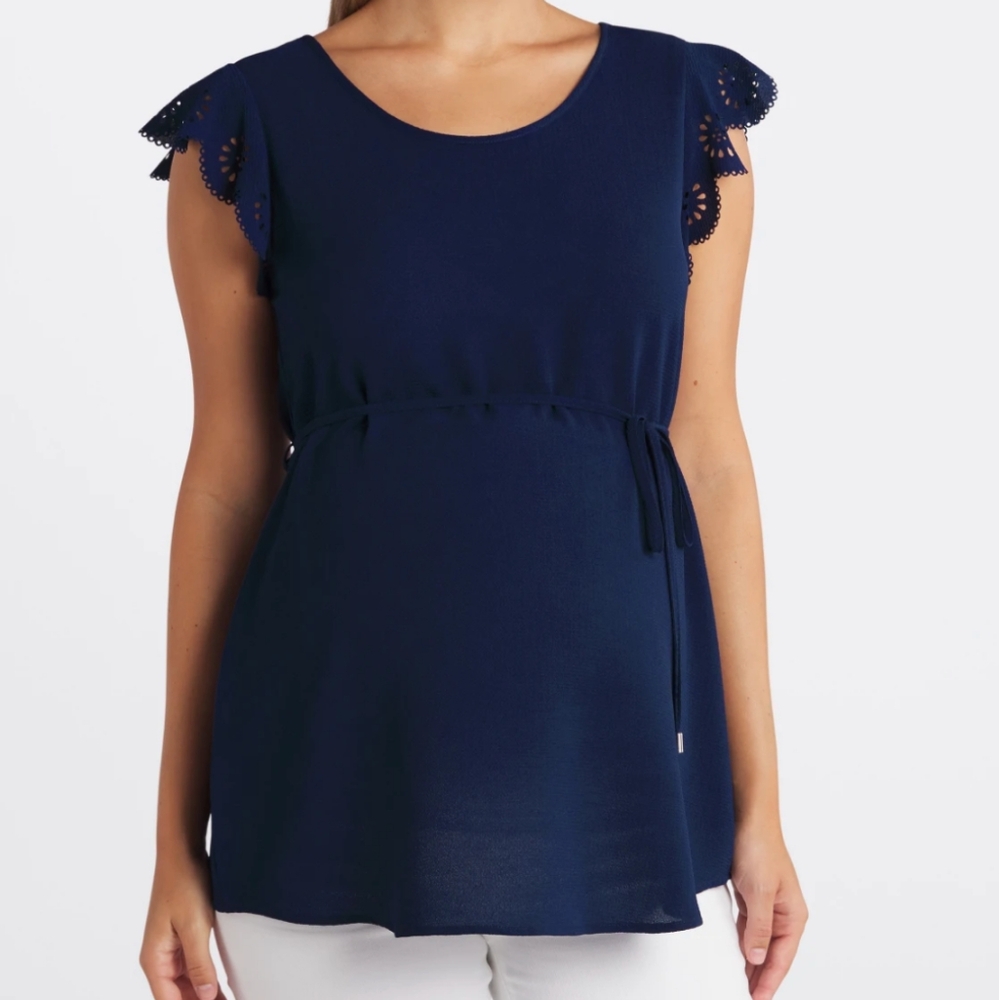 Full Moon Crepe Maternity Blouse with Scallop Sleeve